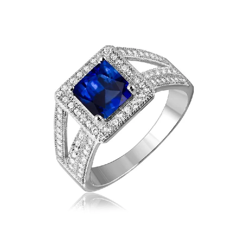 Ladies rings holographic effect rings-Silver 925 Rhodium Plated Sapphire Square Halo with Micro Pave CZ Ring - GMR00103S