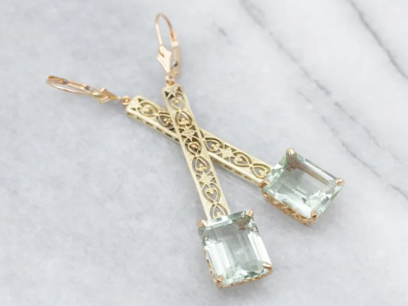 Ladies earrings single drop earrings-Prasiolite Gold Filigree Drop Earrings