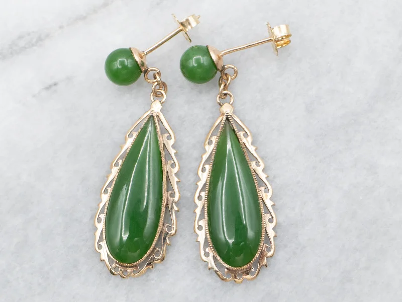 Ladies earrings adjustable fit options-Yellow Gold Pear and Round Cut Jade Drop Earrings