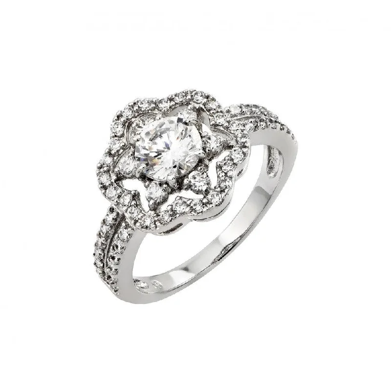 Ladies rings rococo elegance rings-Silver 925 Rhodium Plated Clear Inlay CZ Flower Ring - BGR00791