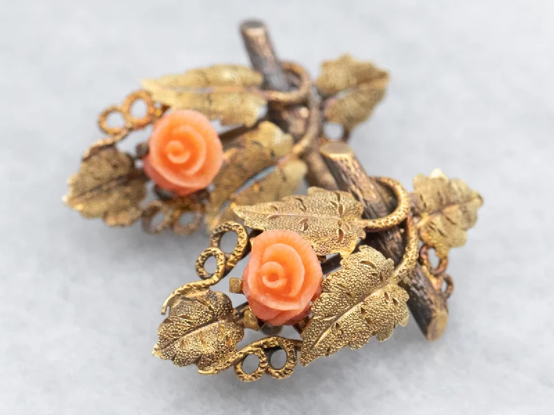 Ladies earrings intricate contour designs-Art Nouveau Leaf and Coral Flower Earrings