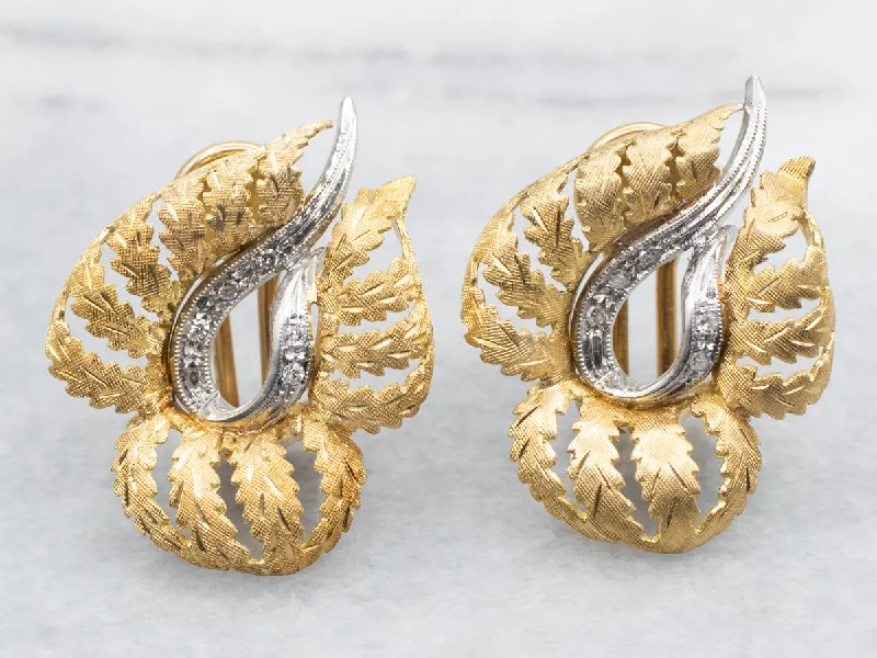 Ladies earrings mixed metal finishes-Yellow and White Gold Leaf Stud Earrings with Diamond Accents and Omega Backs