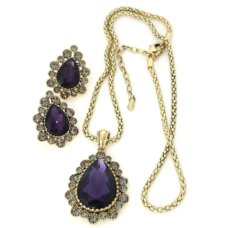 Ladies necklaces oxidized finish styles-Necklace & Earring Set Amethyst Zirconia