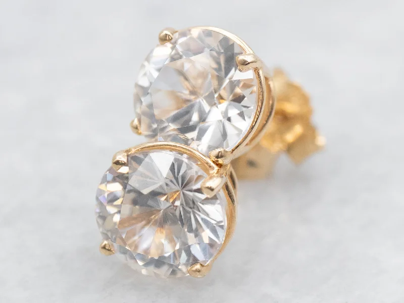 Ladies earrings polished shine designs-White Zircon Stud Earrings in Yellow Gold