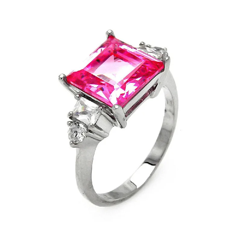 Ladies rings Celtic knot designs-Clearance-Silver 925 Rhodium Plated Pink Princess Cut CZ Ring - STR00014