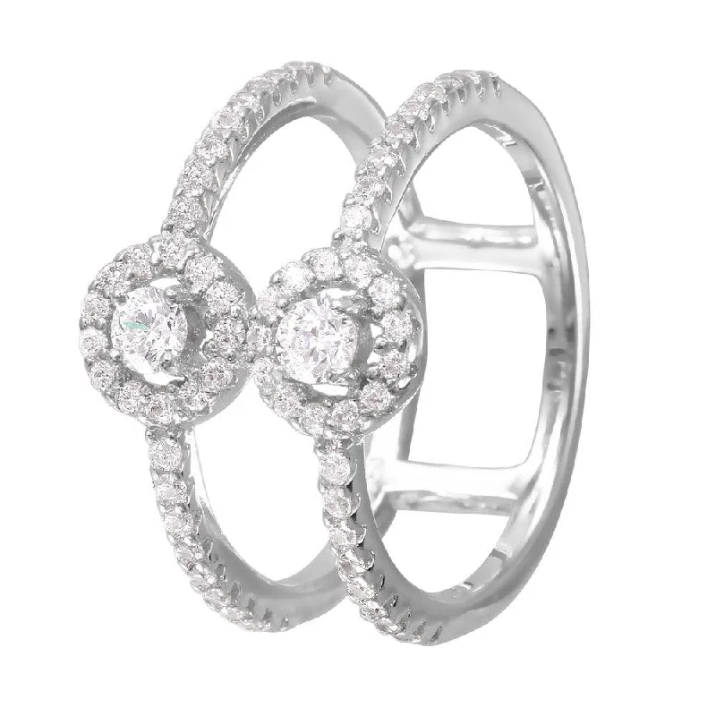 Ladies rings wire-wrapped rings-Silver 925 Rhodium Plated CZ Accented Two-Band Ring - BGR00996