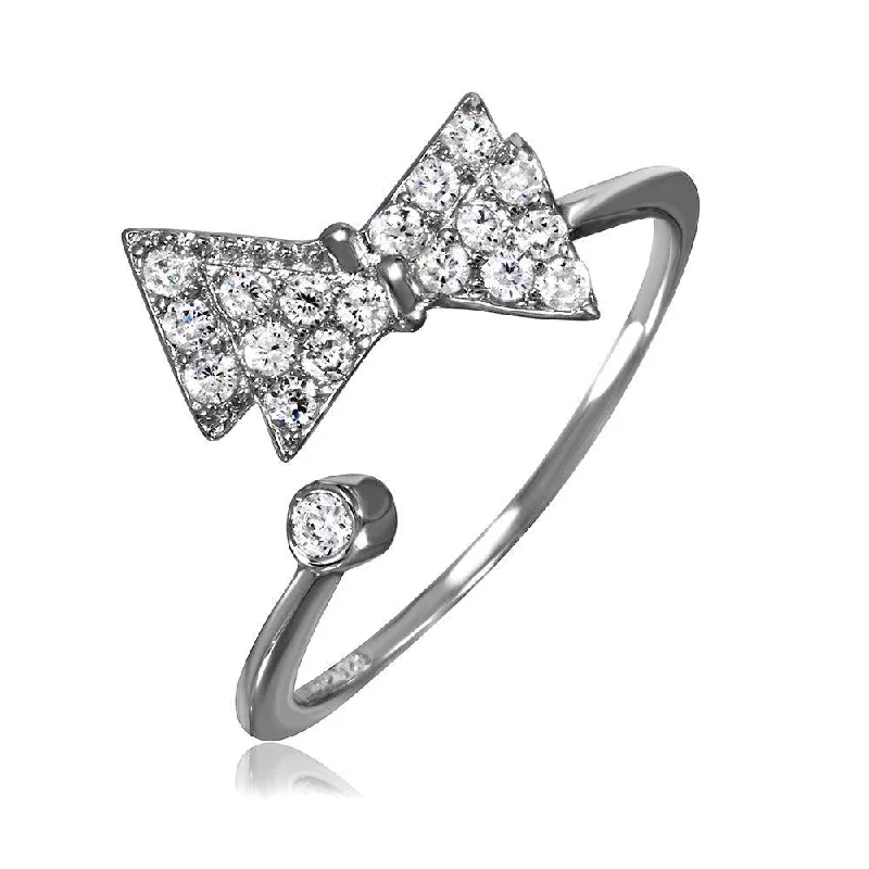 Ladies rings comfort curve styles-Silver 925 Rhodium Plated CZ Bow Ring - STR01062