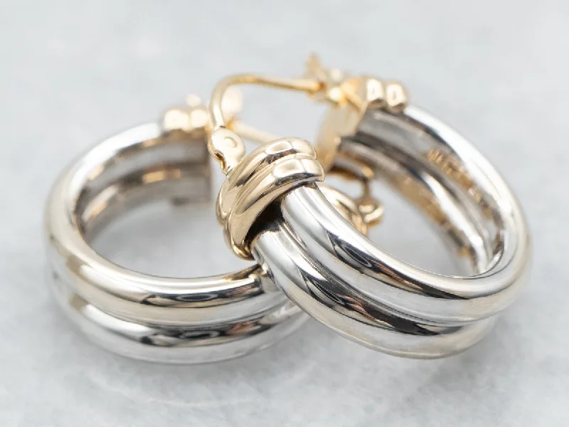 Ladies earrings wave pattern styles-Two Tone Yellow and White Gold Hoop Earrings