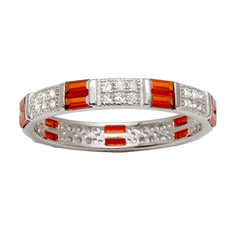 Ladies rings gold-plated finishes-Rhodium Plated 925 Sterling Silver Pattern Eternity Ring with Red and Clear CZ - BGR01177RED