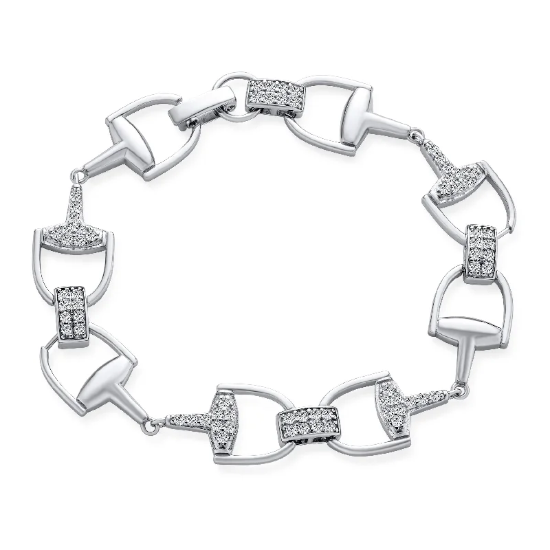 Ladies bracelets firm grip designs-Horse Snaffle Bits Equestrian Chain Link Bracelet CZ Pave Sterling Silver Gift