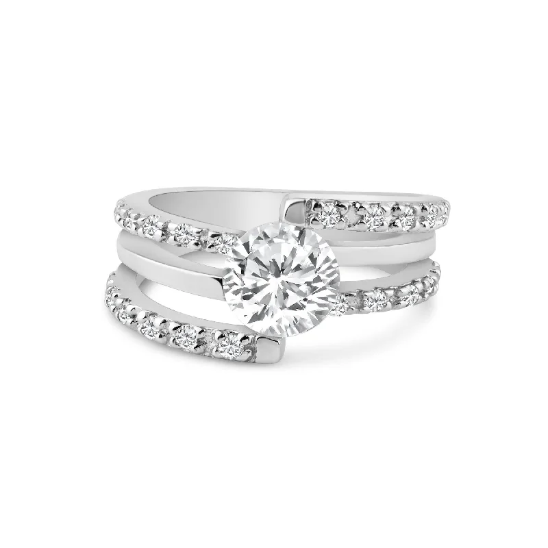 Ladies rings channel set rings-Silver 925 Rhodium Plated Clear Round Center CZ Intertwining Ring - AAR0066