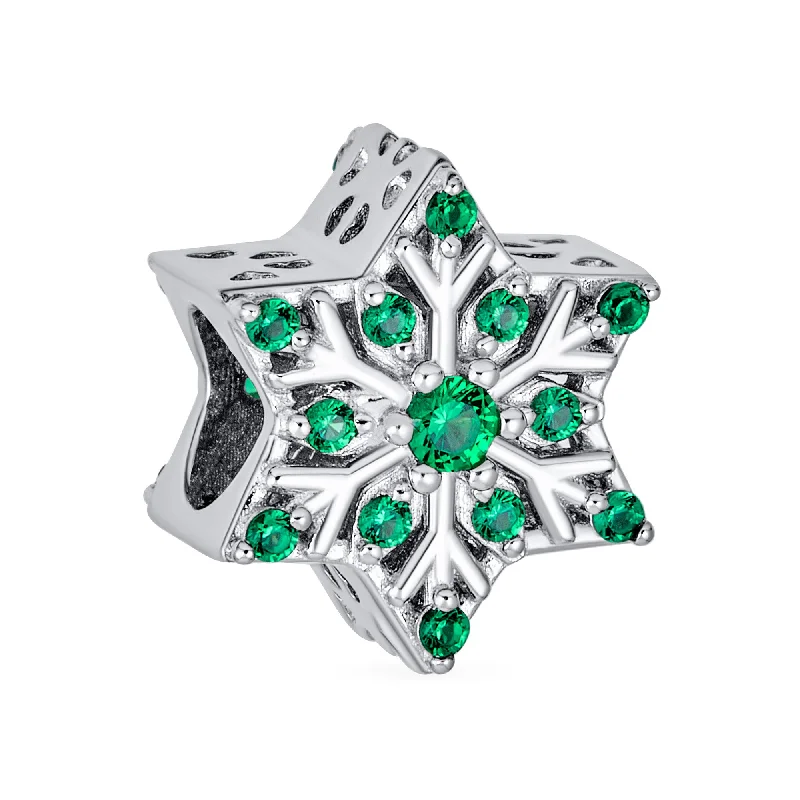 Ladies bracelets baguette cut designs-Christmas Charm Bead Green Crystal Snowflake for European Bracelet Sterling Silver