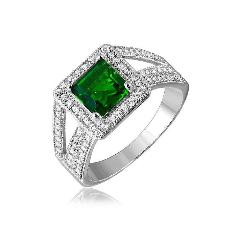 Ladies rings customer review favorites-Silver 925 Rhodium Plated Green Square Halo with Micro Pave CZ Ring - GMR00103G