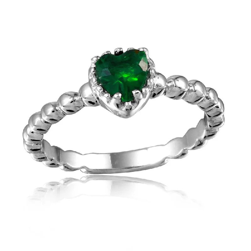 Ladies rings fabric wrap designs-Silver 925 Rhodium Plated Beaded Band Green Heart Center Stone Ring - BGR01052GRN