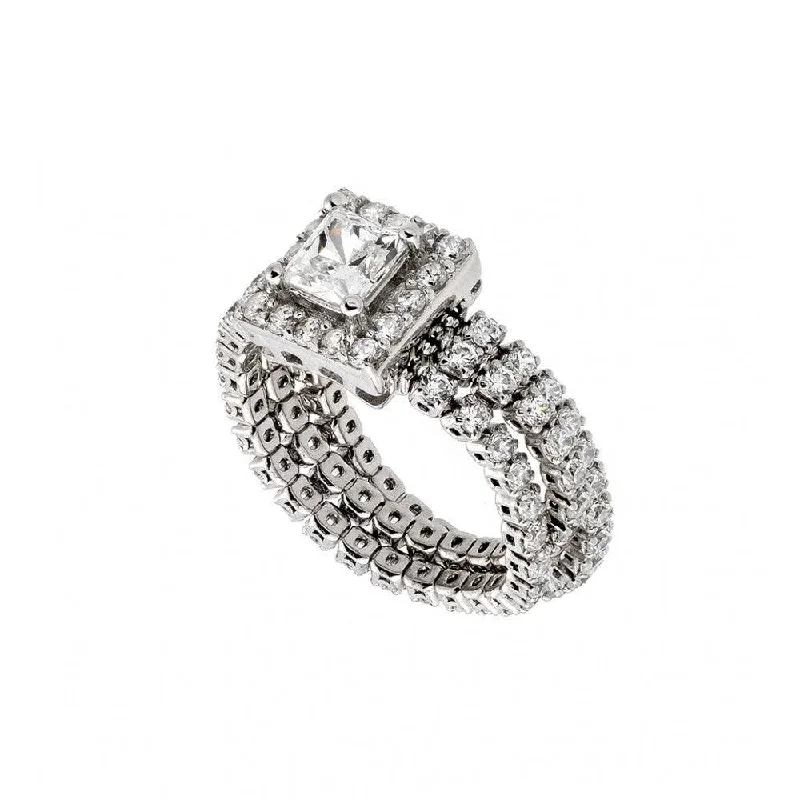 Ladies rings sculptural ring shapes-Silver 925 Rhodium Plated Pave Set Clear CZ Flexible Square Ring - GMR00010