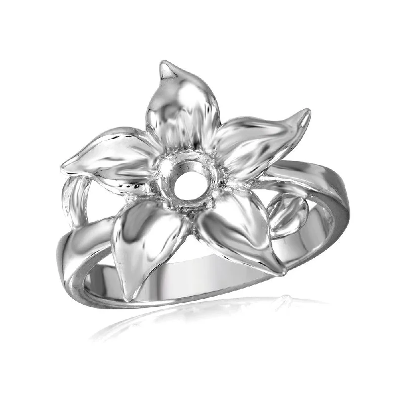 Ladies rings satin finish designs-Silver 925 Rhodium Plated Flower Single Stone Mounting Ring - BGR00500