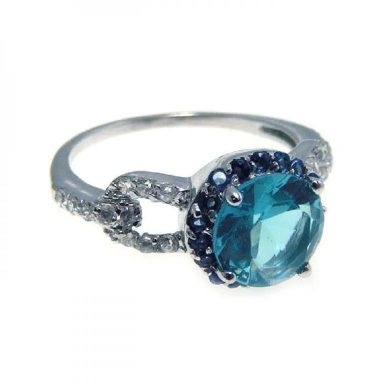 Ladies rings high shine designs-Silver 925 Rhodium Plated Blue Center Cluster and Clear CZ Ring - STR00532