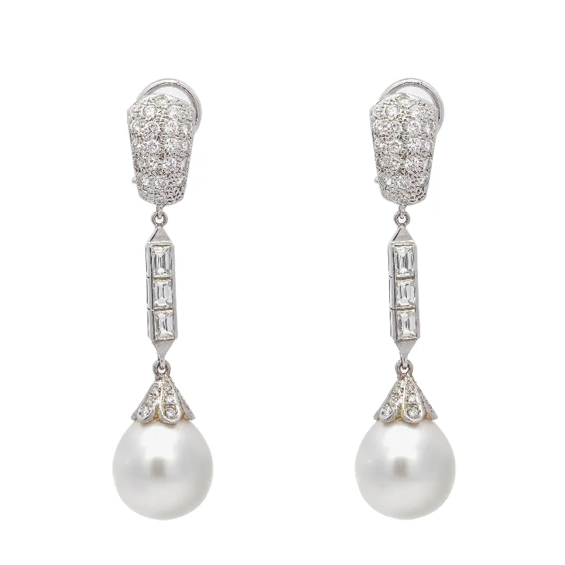 Ladies earrings copper tone designs-Retro Cultured Pearl & Diamond Drop Earrings