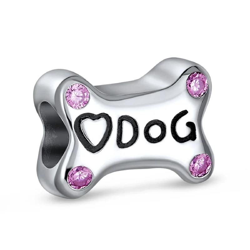 Ladies bracelets age-appropriate designs-Sterling Silver Dog Bone Pink CZ Heart Charm Bead Bracelet Puppy Pet Theme