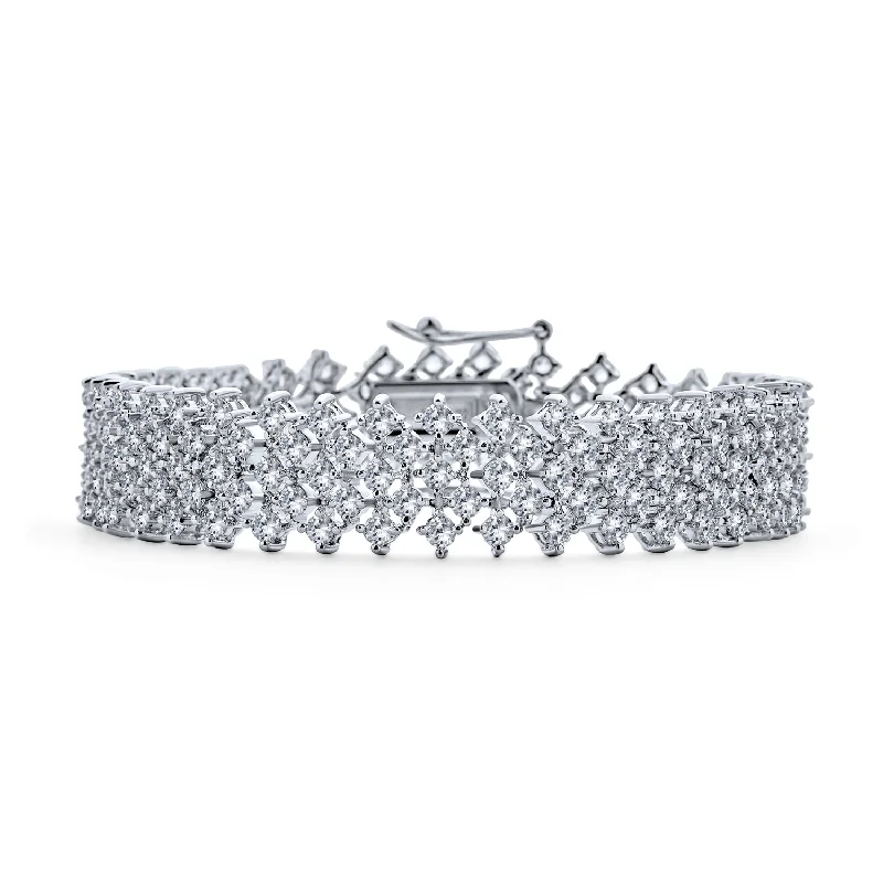 Ladies bracelets etched pattern styles-Elegant Bridal CZ Statement Bracelet Silver Plated Multi Row Lattice Design