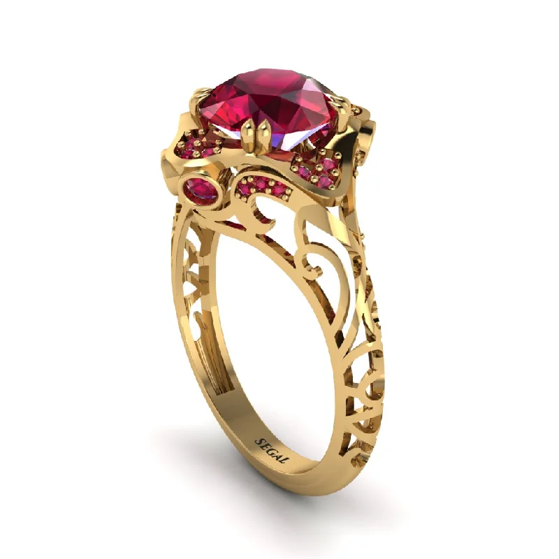 Ladies engagement rings romantic halos-Ruby Ornate Filigree Engagement Ring - Evie No. 55