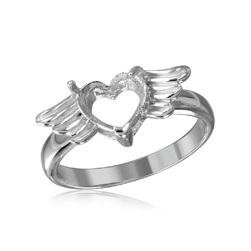 Ladies rings ideal proposal gifts-Silver 925 Rhodium Plated Heart with Wings Mounting Ring - BGR01217