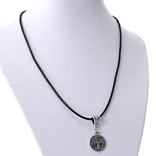 Ladies necklaces pave set designs-Cowhide Leather Pendent Necklace with Tree of Life (Locks with Lobster Clasp) 43cm Long