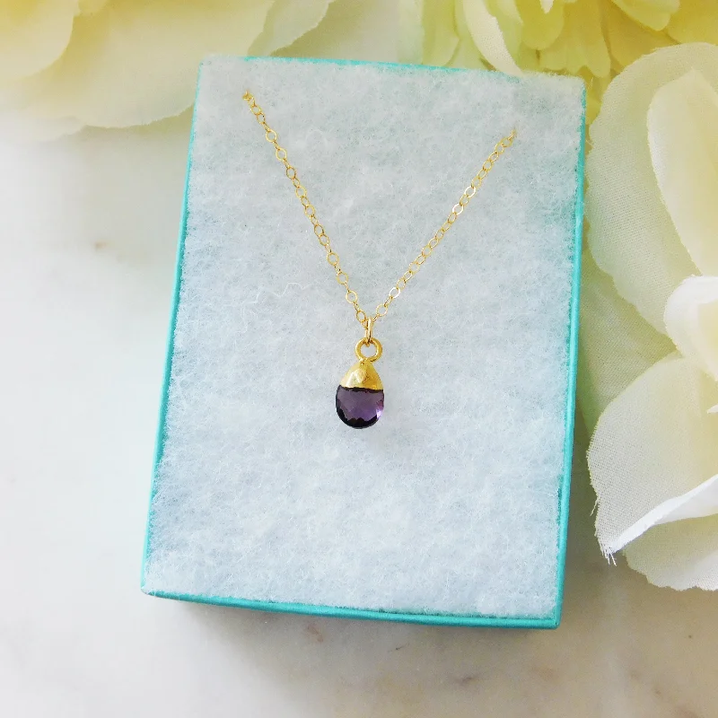 Ladies necklaces polished shiny designs-Tiny Amethyst Drop Gold Necklace