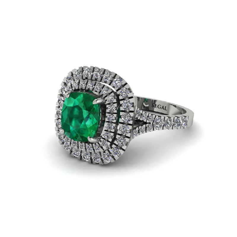 Ladies engagement rings limited editions-Emerald Double Halo Cushion Cut Engagement Ring - Courtney No. 6