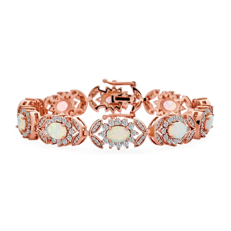 Ladies bracelets starburst style picks-Gemstone CZ & Opal Tennis Bracelet Vintage Style Rose Gold Sterling Silver 7 Inch