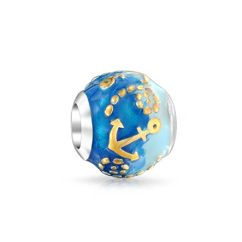 Ladies bracelets impressionist vibe bracelets-Tropical Ocean Blue Waves Anchor Charm Bead Gold Plated Silver for Bracelet