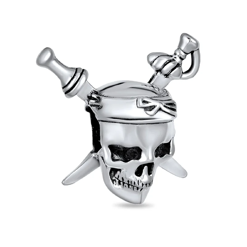 Ladies bracelets 2025 style trends-Halloween Pirate Skull & Cross Swords Charm Bead Sterling Silver for European Bracelet