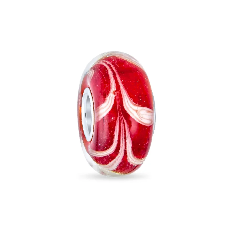 Ladies bracelets mid-century modern looks-Red White Vine Murano Glass Charm Bead with Sterling Silver Core for Bracelets