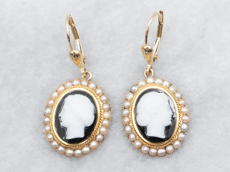 Ladies earrings sparkle detail designs-Onyx Cameo and Seed Pearl Drop Earrings