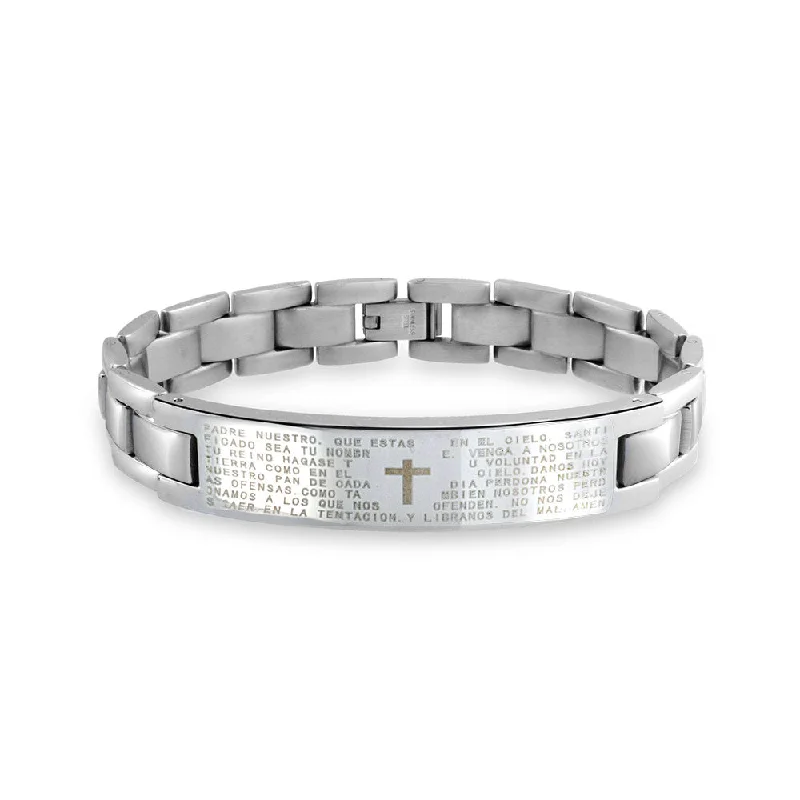 Ladies bracelets ceramic crafted styles-Our Lords Prayer Cross Link Wrist ID Bracelet for Men in Silver Tone Stainless Steel