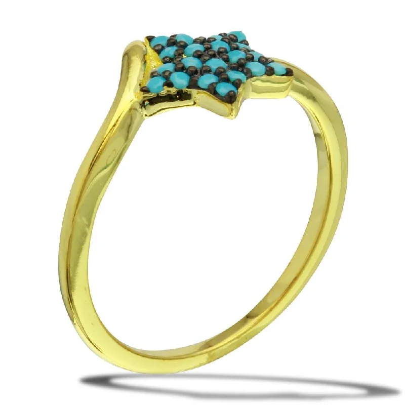 Ladies rings dangling charm styles-Gold Plated 925 Sterling Silver Star Ring with Turquoise Beads - BGR01115