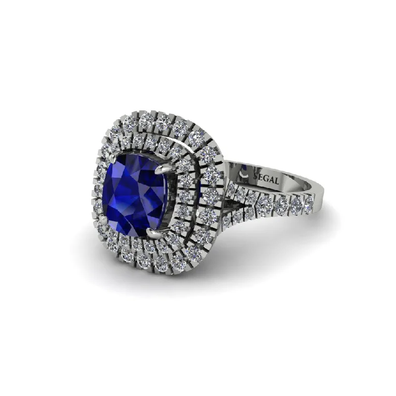 Ladies engagement rings dream designs-Sapphire Double Halo Cushion Cut Engagement Ring - Courtney No. 15