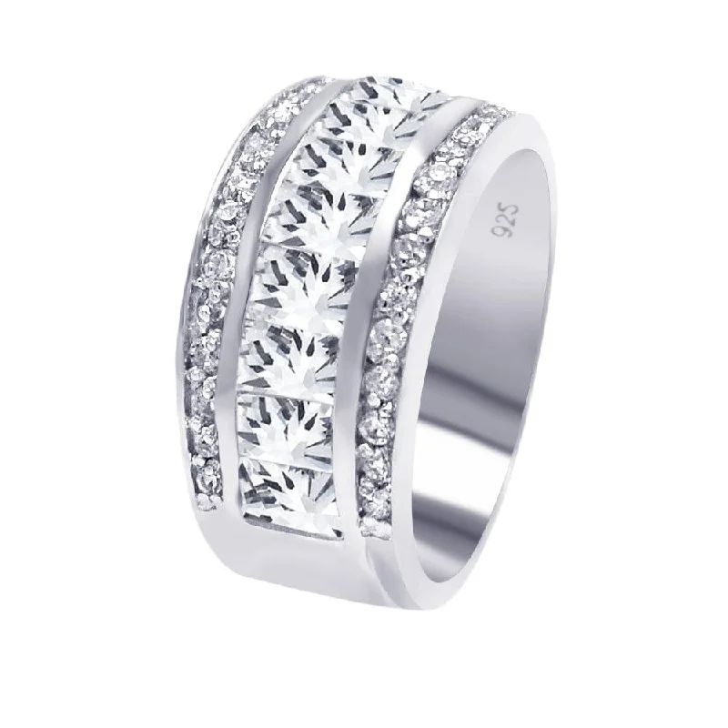 Ladies rings super wide designs-Silver 925 Rhodium Plated Half Channel Clear Baguette Round CZ Ring - AAR0042