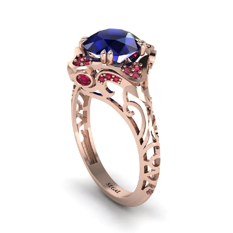 Ladies engagement rings bezel solitaires-Sapphire Ornate Filigree Engagement Ring - Evie No. 59