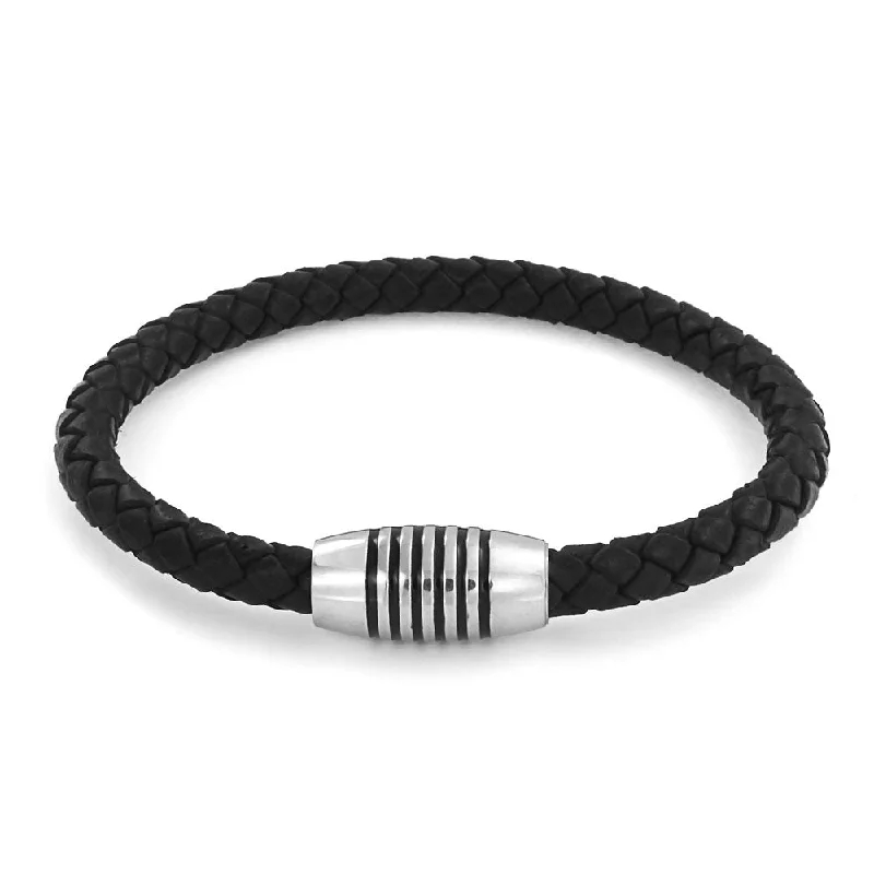 Ladies bracelets rococo elegance bracelets-Unisex Black Woven Leather Cuff Bracelet with Stainless Barrel Clasp for Men