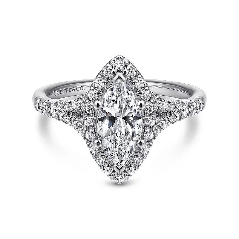 Ladies engagement rings lab-grown diamond cuts-Verbena - 14K White Gold Marquise Halo Diamond Engagement Ring (Setting Only)