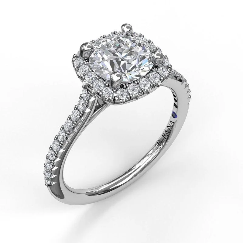 Ladies engagement rings seasonal halo styles-Delicate Cushion Halo Engagement Ring With Pave Shank