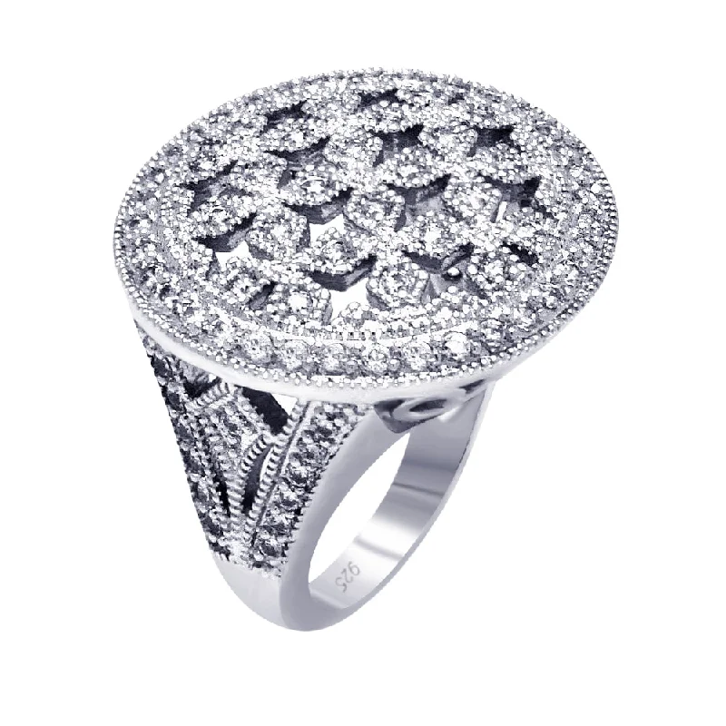 Ladies rings trendy fashion picks-Clearance-Silver 925 Rhodium Plated Clear Cluster CZ Cross Out Disc Ring - BGR00379