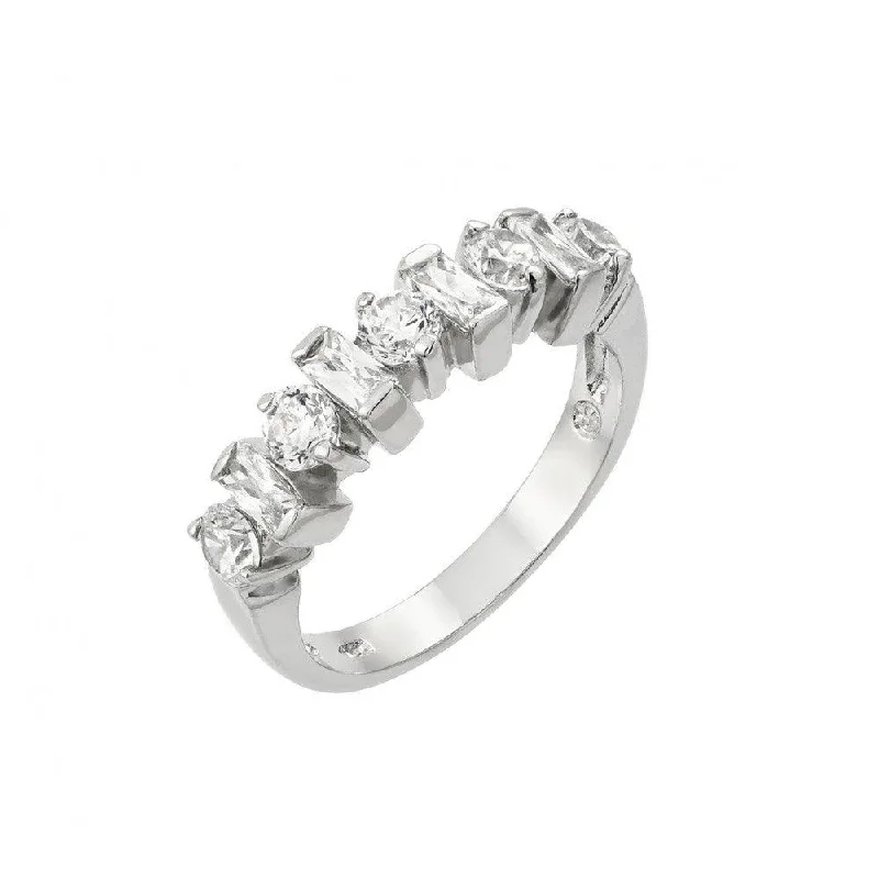 Ladies rings wood inlay designs-Silver 925 Rhodium Plated Clear Round and Baguette CZ Half Row Ring - BGR00900