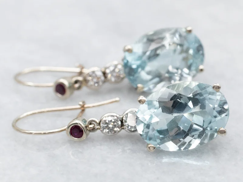 Ladies earrings art nouveau styles-Blue Topaz Diamond and Ruby Drop Earrings