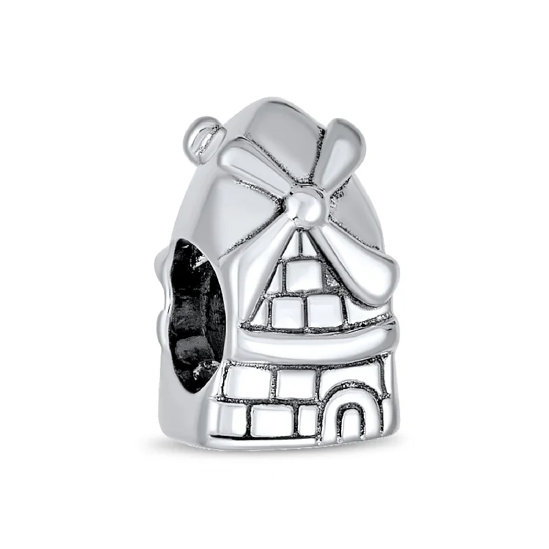 Ladies bracelets European-inspired flair-Holland Windmill Charm Bead in Oxidized Sterling Silver for European Bracelets