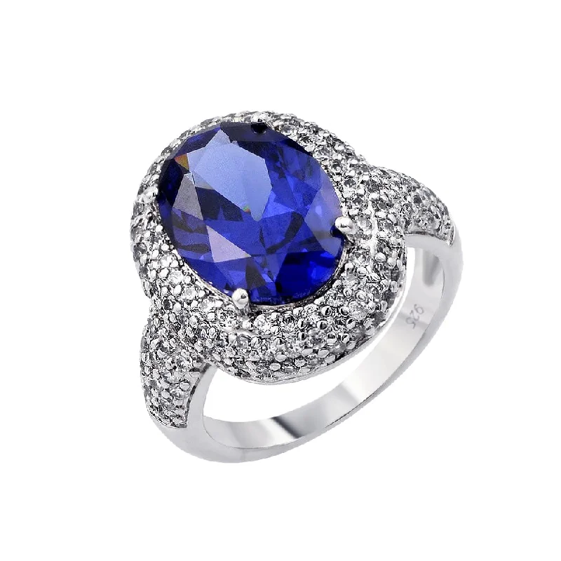 Ladies rings sustainable jewelry designs-Silver 925 Rhodium Plated Blue Oval Center and Clear Micro Pave Set CZ Ring - BGR00778