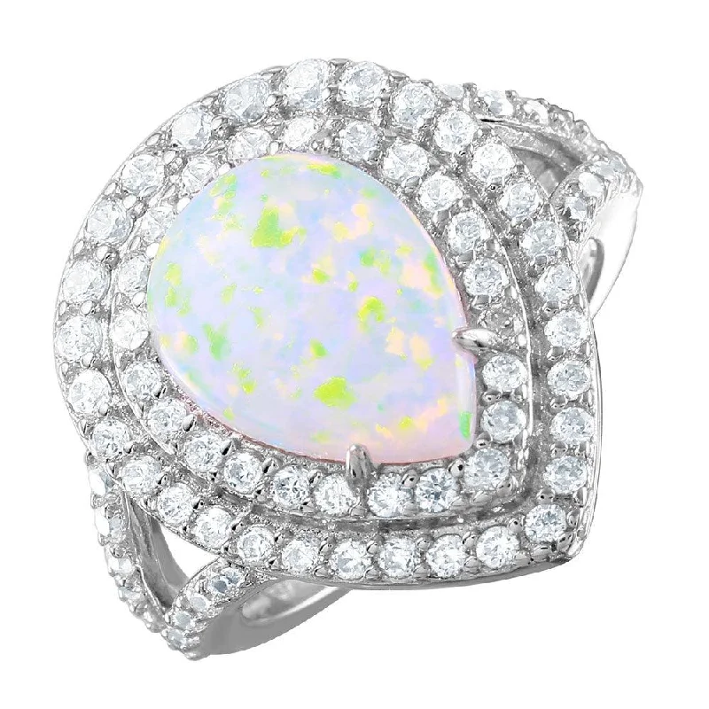 Ladies rings Scandinavian minimal rings-Silver 925 Rhodium Plated Opal Teardrop Halo CZ Ring - BGR00995