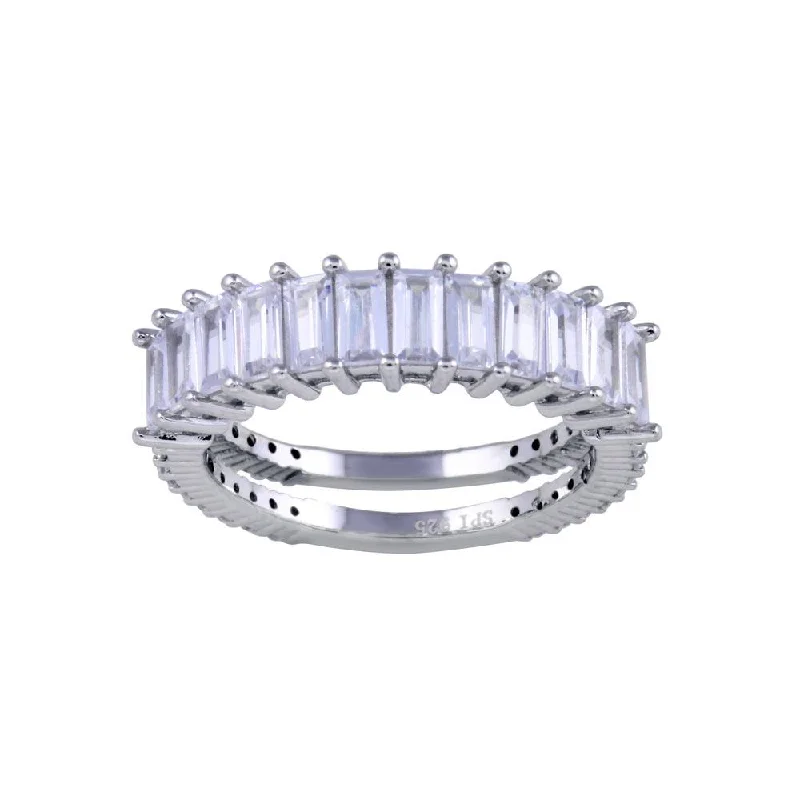 Ladies rings pride-inspired rings-Rhodium Plated 925 Sterling Silver Two Bar Baguette with Clear CZ Ring - STR01146