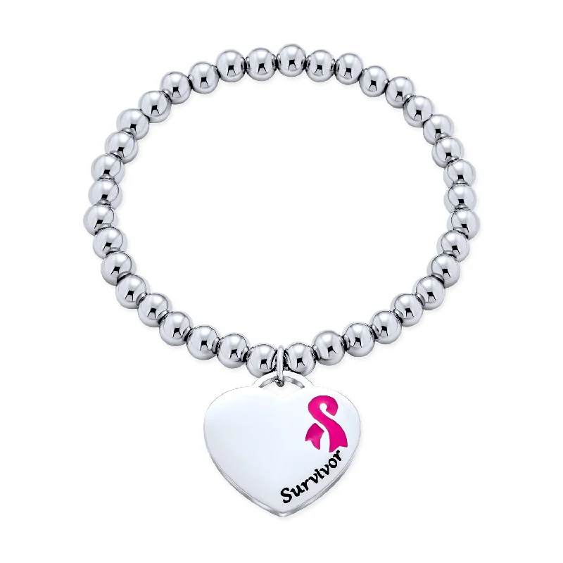 Ladies bracelets Korean fashion designs-Heart Charm ID Bracelet with Pink Ribbon for Breast Cancer Survivor Silver Tone